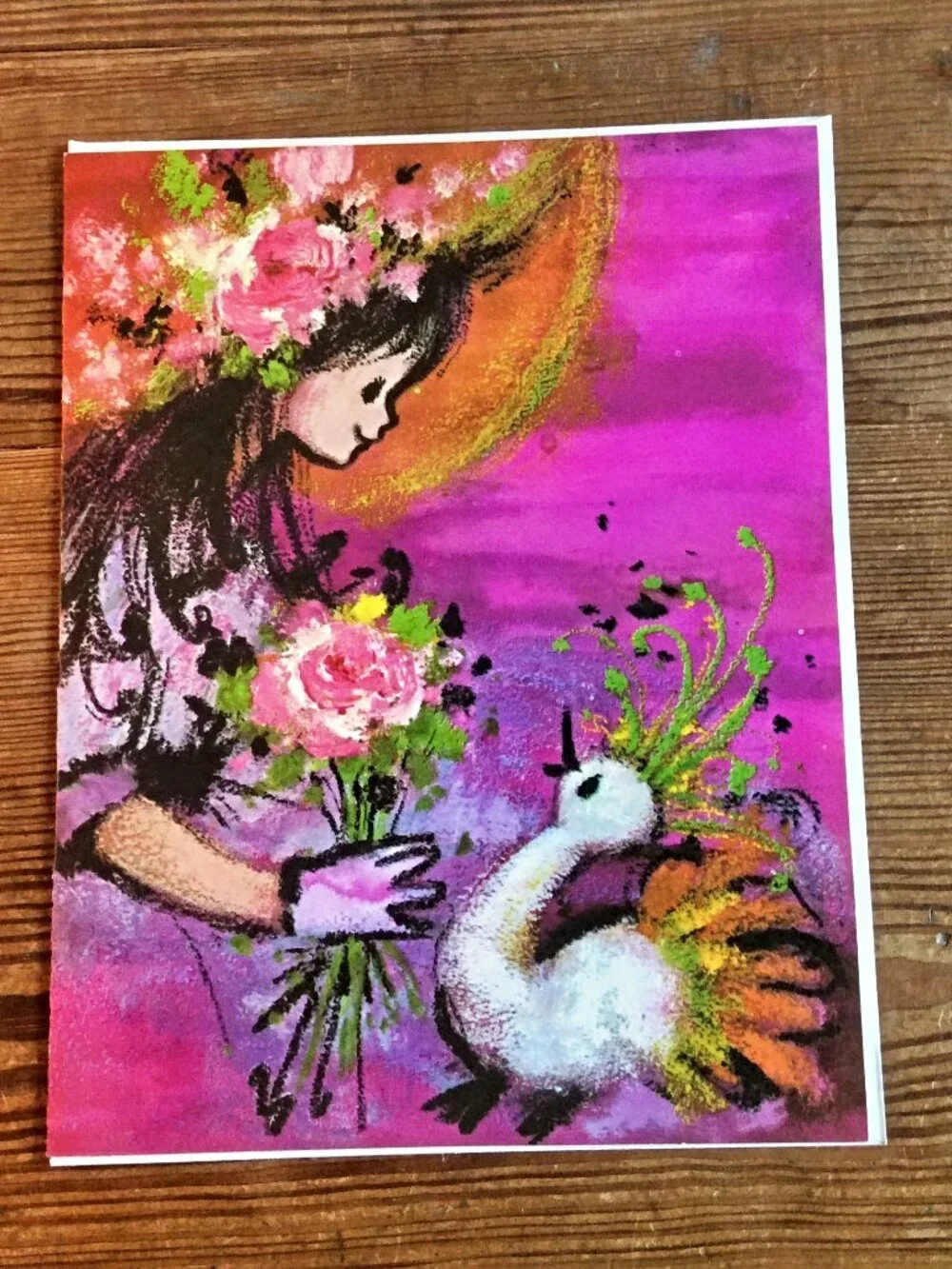Thinking of You Greeting Card, Girl & Bird Floral Design, Vintage Creations